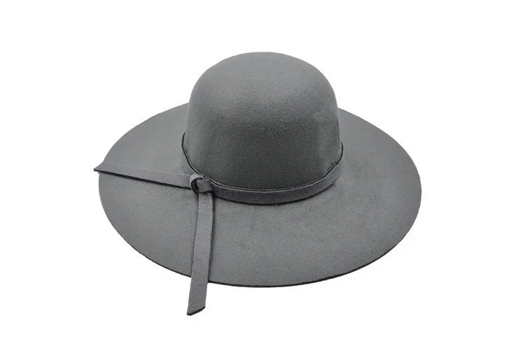 Gray wide-brimmed wool felt hat with a decorative band and knot detail