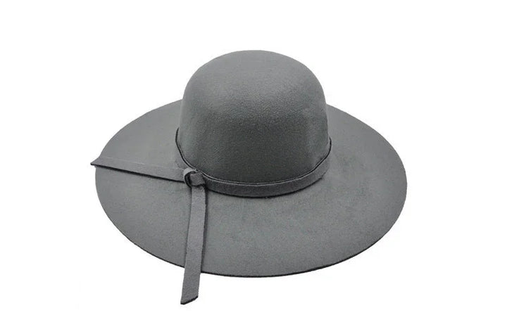 Gray wide-brimmed wool felt hat with a decorative band and knot detail