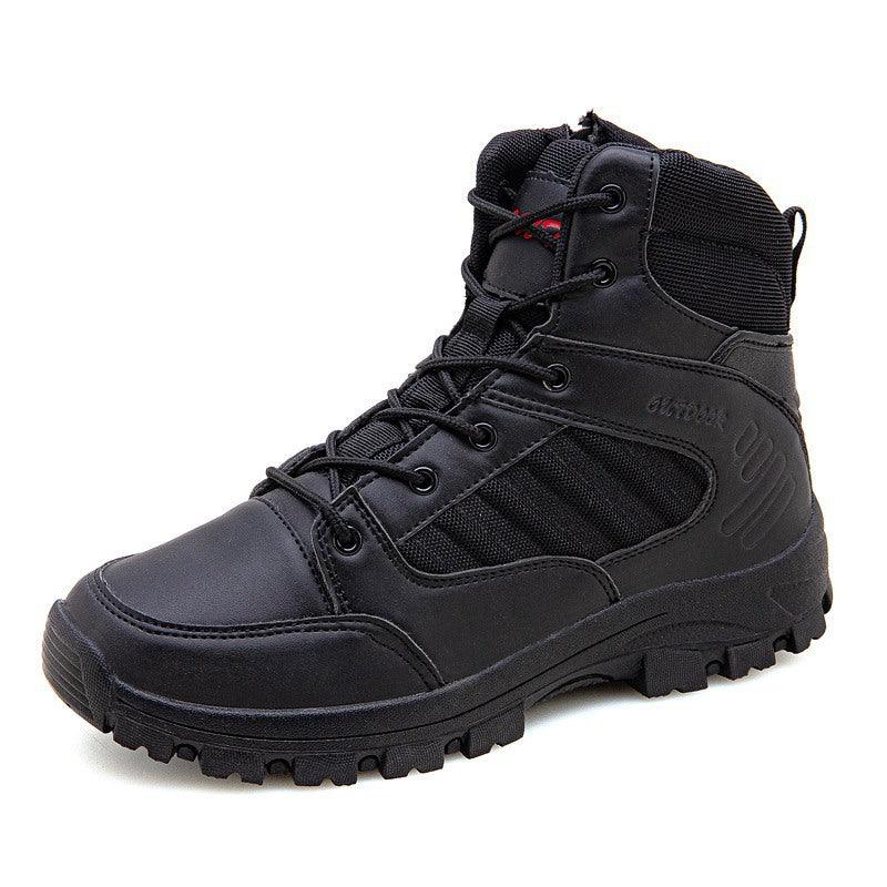 Black tactical boot with lace-up front and rugged sole for outdoor or military use
