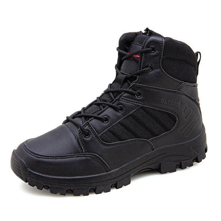 Black tactical boot with lace-up front and rugged sole for outdoor or military use