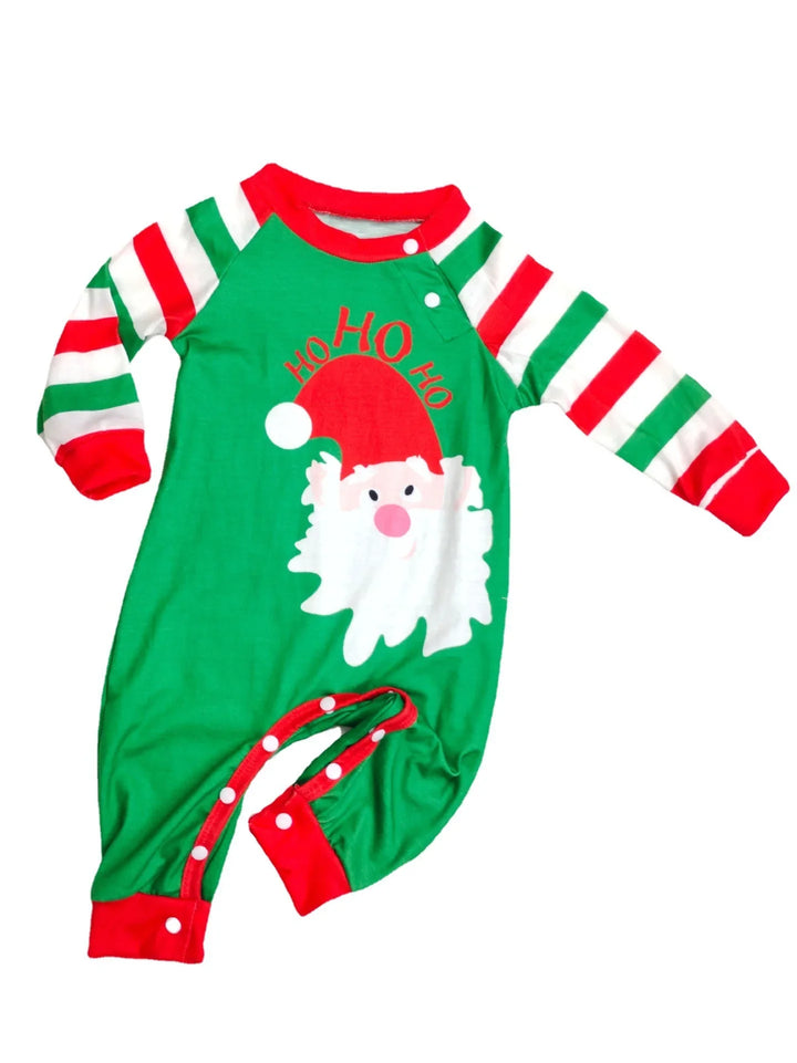 Green baby Christmas romper with Santa face, red hat, and striped red, green and white sleeves
