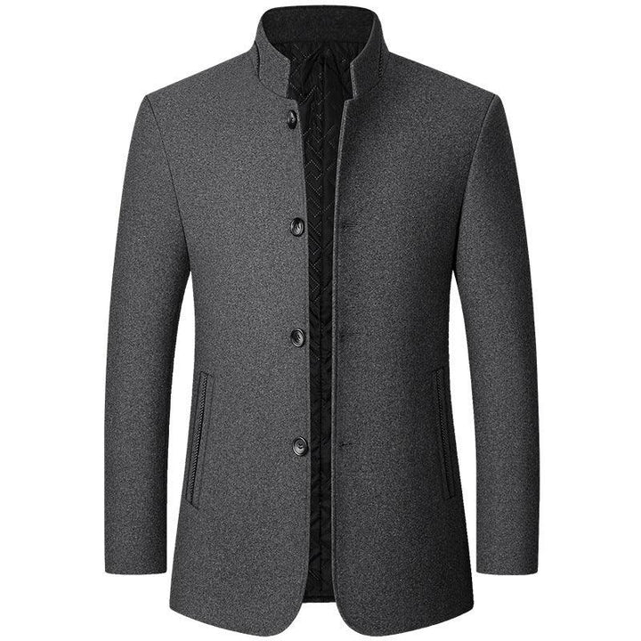 Men's grey wool blend coat with standing collar, button front, and side pockets