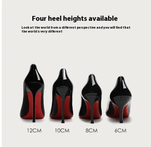 Black high heel shoes with red soles in four heel heights: 12cm, 10cm, 8cm, and 6cm