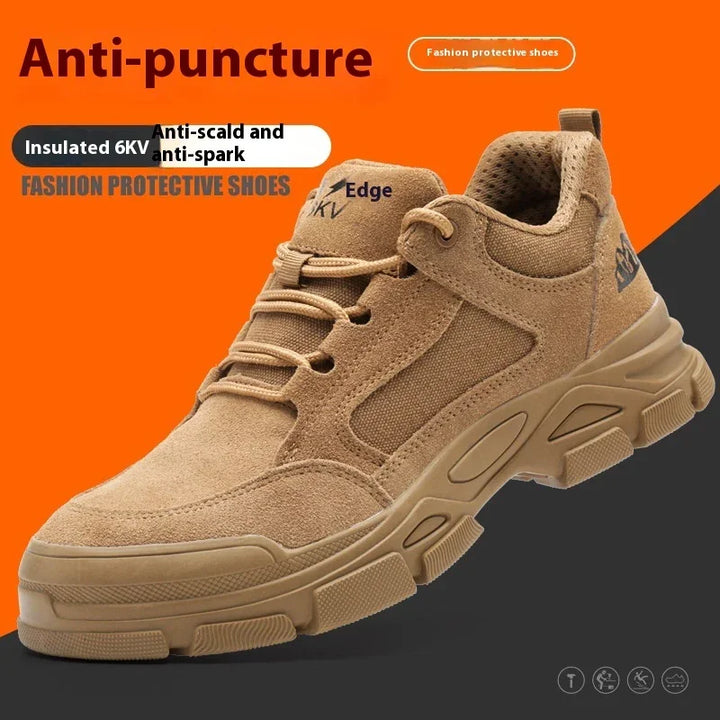 tan fashion protective shoe with anti-puncture, anti-scald, anti-spark features on orange background