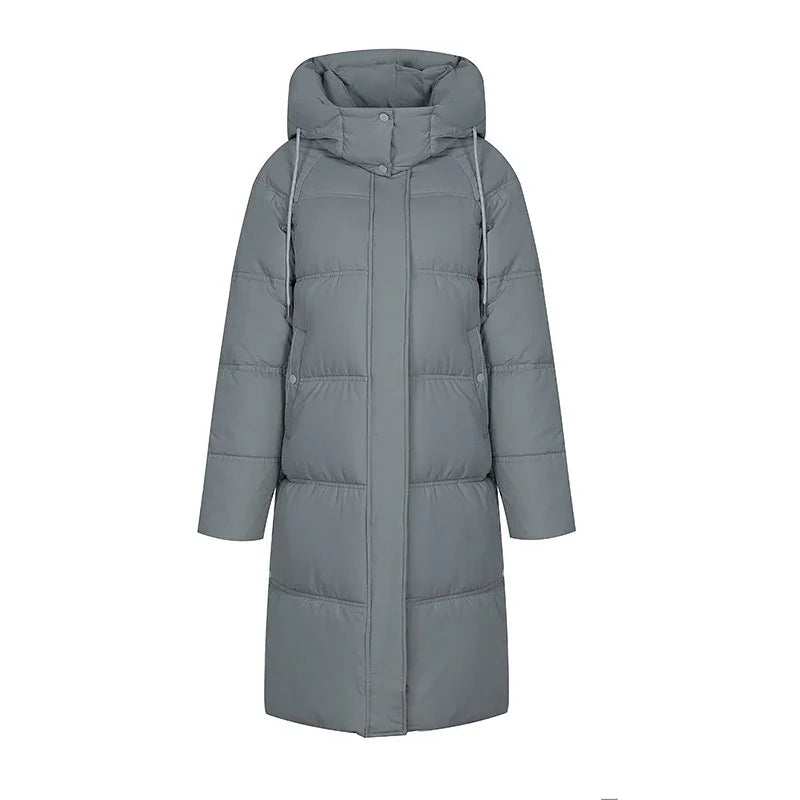 Long gray padded winter coat with hood and front button closure for women