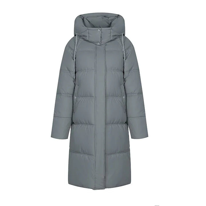Long gray padded winter coat with hood and front button closure for women