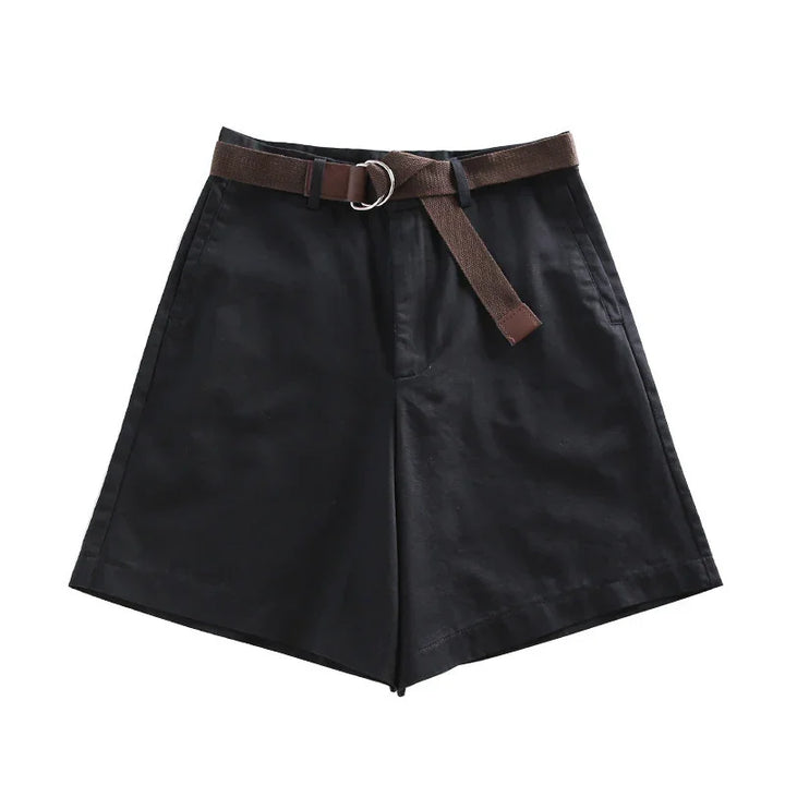 Black casual shorts with belt loop and brown fabric belt on white background