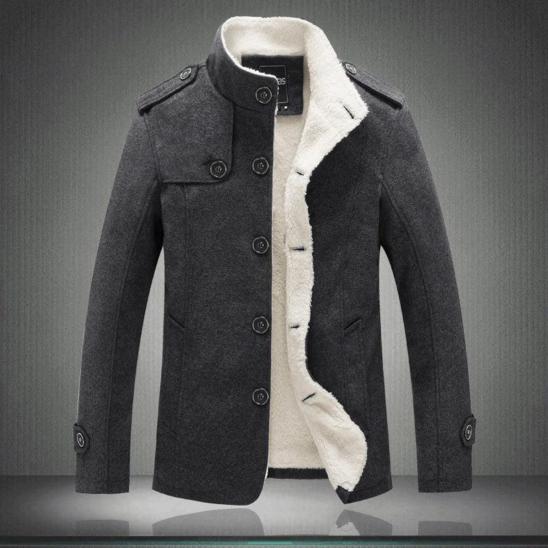 Men's dark gray wool blend winter coat with button closure and white fleece lining