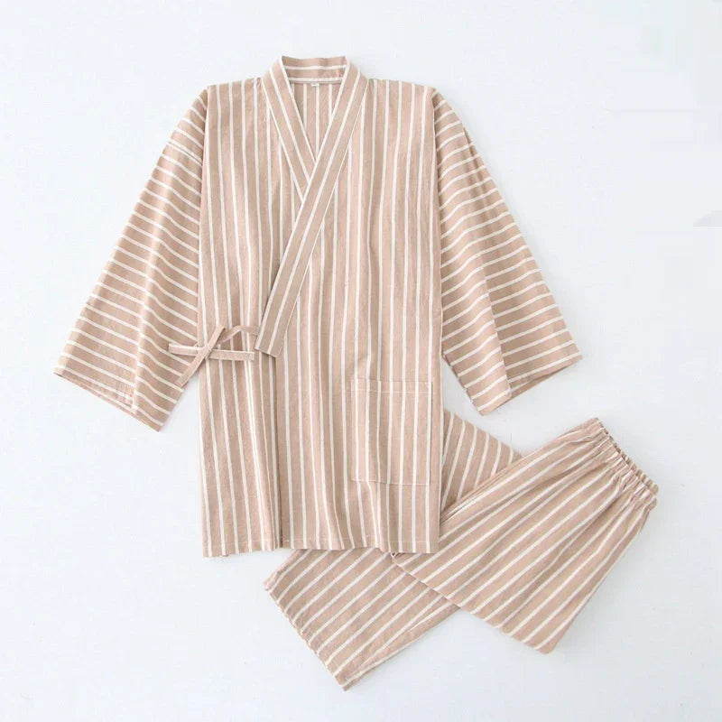 Beige and white striped cotton kimono-style jacket and elastic waist pants set on white background