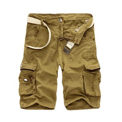 Khaki cargo shorts with multiple pockets and a beige canvas belt on white background