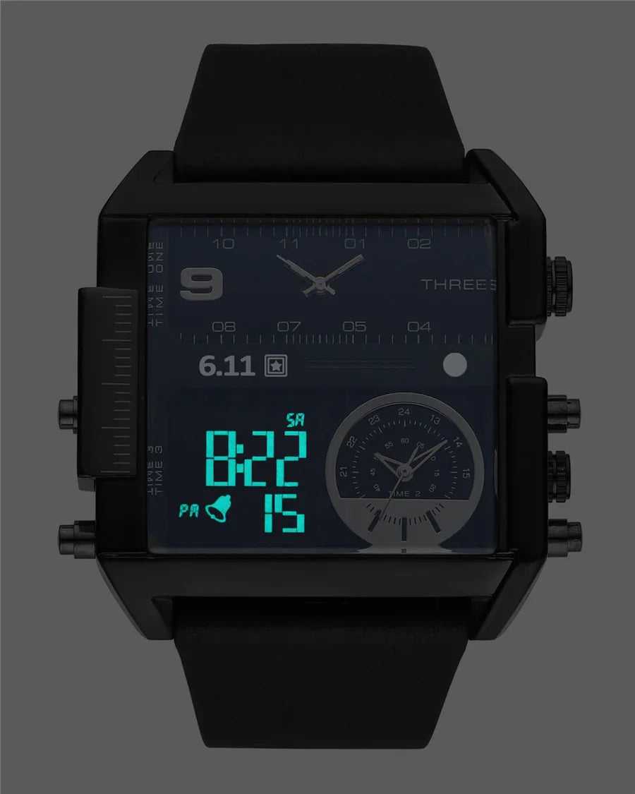 Black square digital and analog wristwatch with blue backlight display and multiple buttons