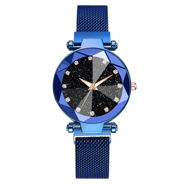 Blue mesh strap wristwatch with sparkling black starry dial and rose gold hands