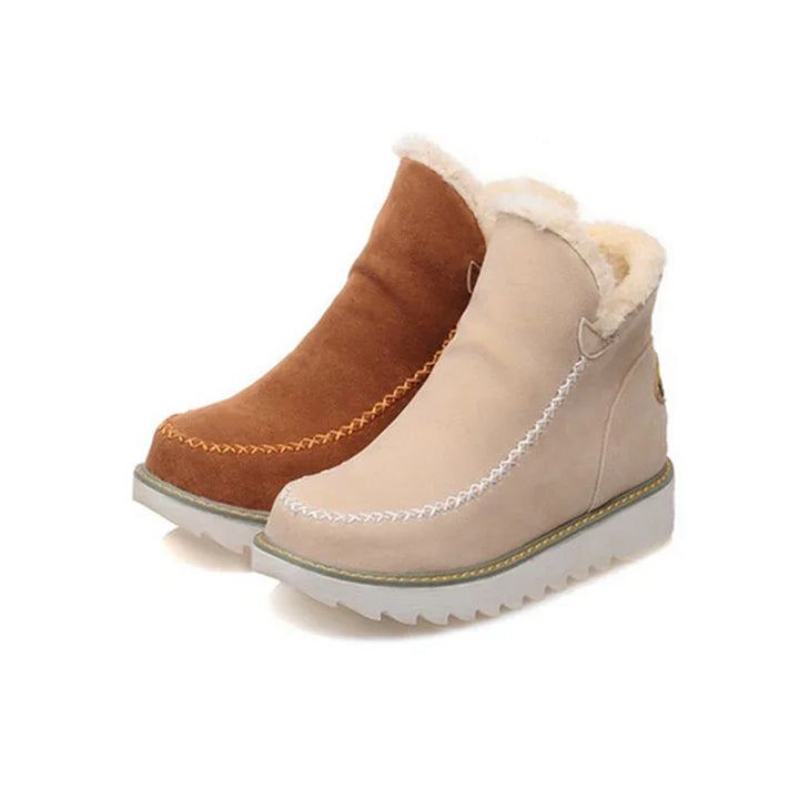 Pair of cozy winter ankle boots with plush lining in beige and brown suede with stitched details