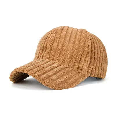 Brown corduroy baseball cap with ribbed texture on white background