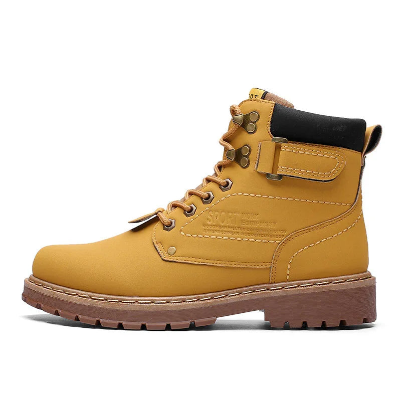 Yellow leather work boot with black padded collar, metal eyelets, and rugged brown sole