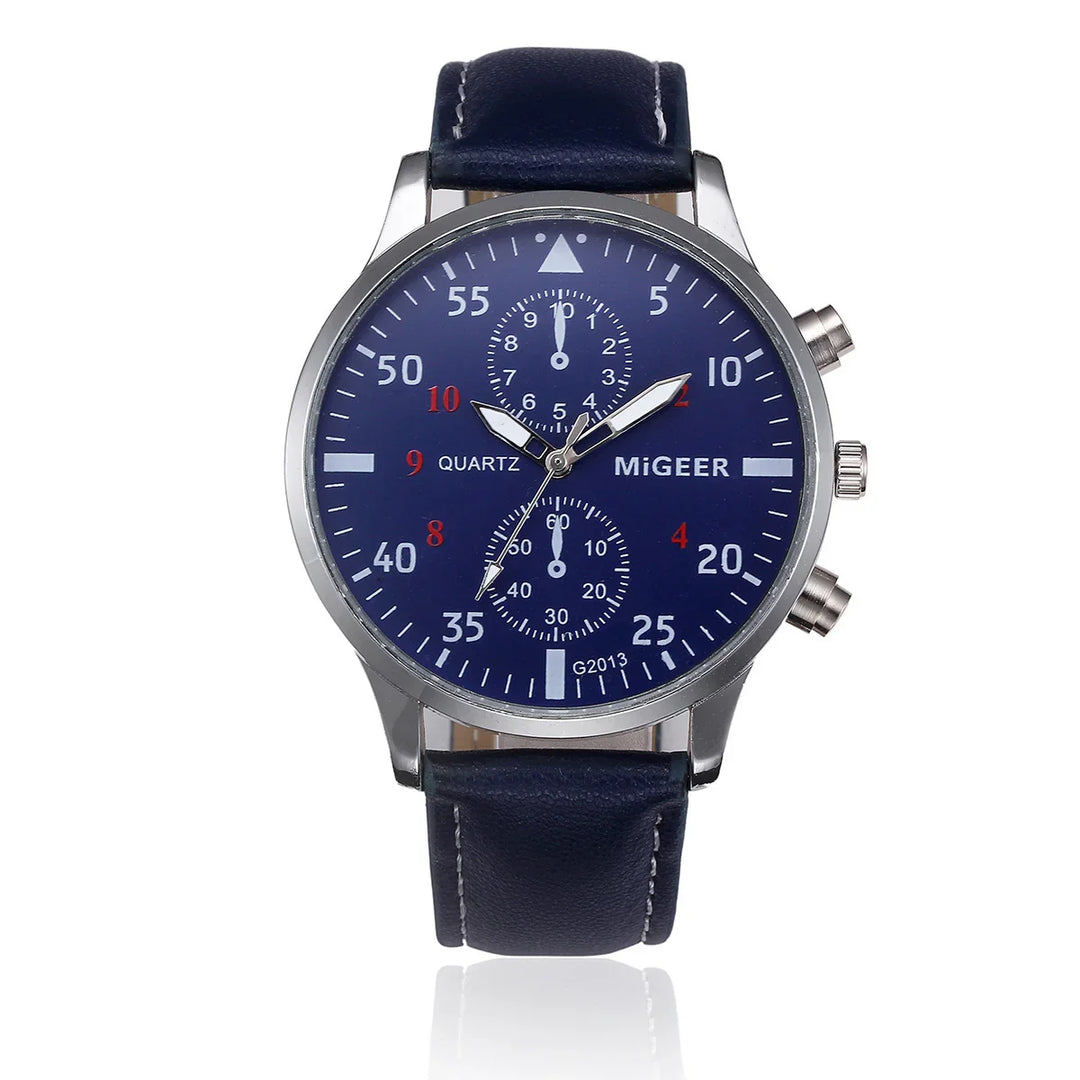 Blue dial MiGEER quartz wristwatch with leather strap and silver chronograph case