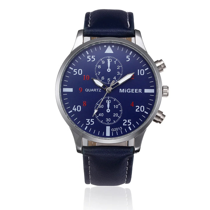 Blue dial MiGEER quartz wristwatch with leather strap and silver chronograph case