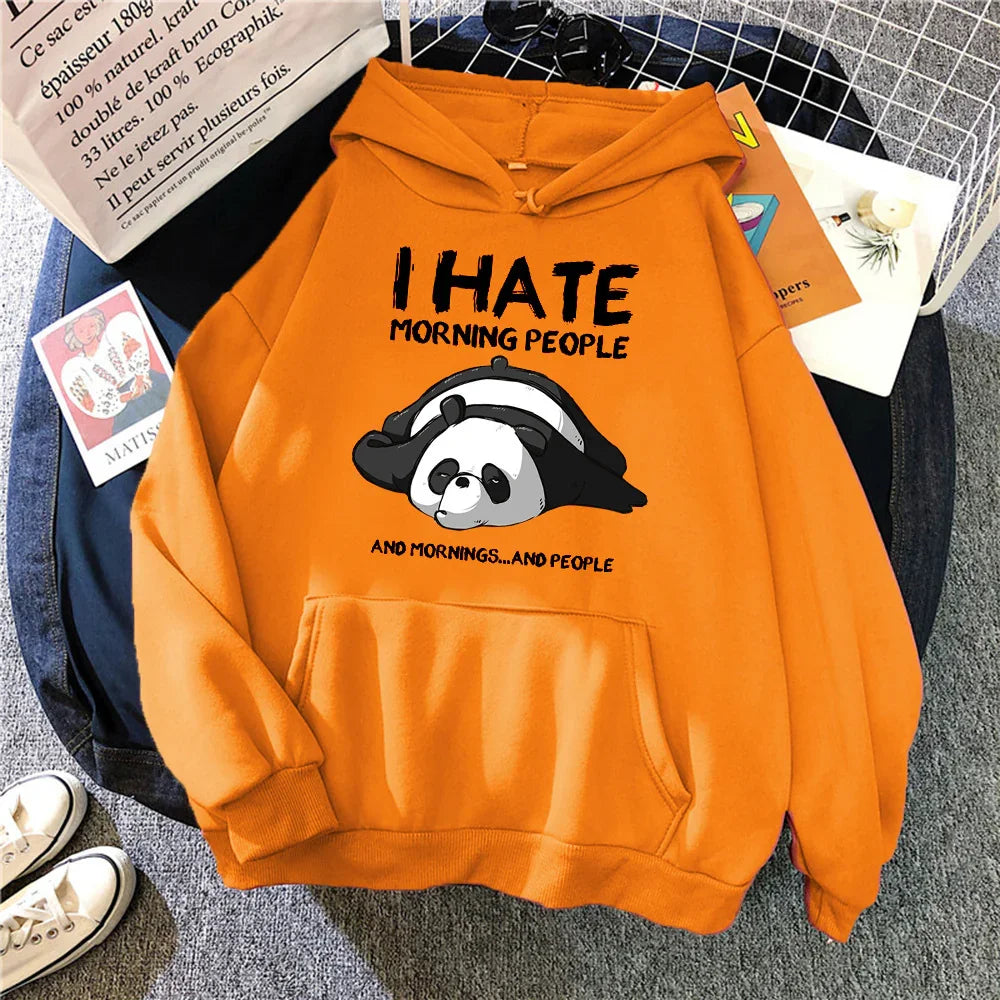 Orange hoodie with cartoon panda and text I hate morning people and mornings and people