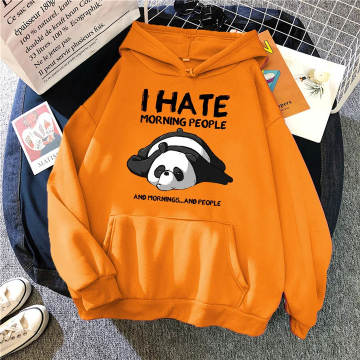 Orange hoodie with cartoon panda and text I hate morning people and mornings and people