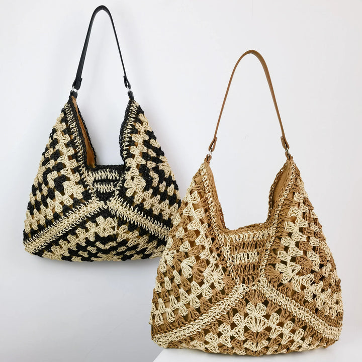 Two crochet tote bags with geometric patterns, one black and cream, one brown and cream, against white background