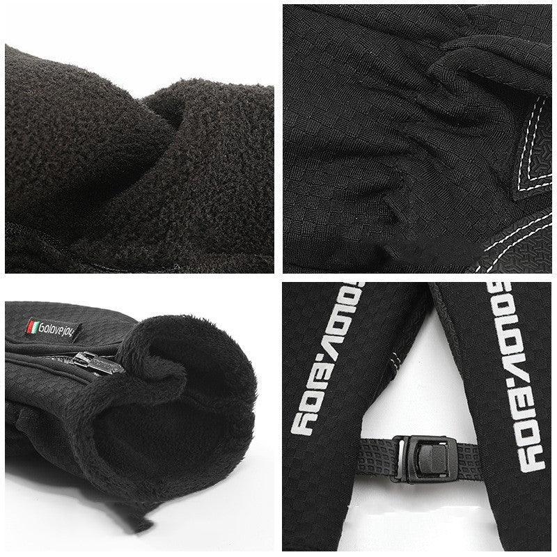 Close-up details of black warm winter gloves with fleece lining, adjustable strap, zipper, and textured grip