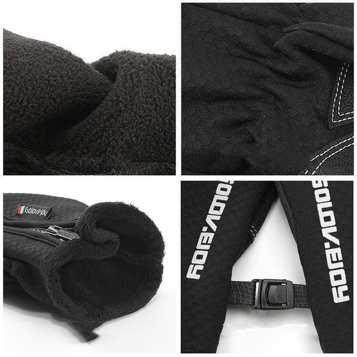 Close-up details of black warm winter gloves with fleece lining, adjustable strap, zipper, and textured grip