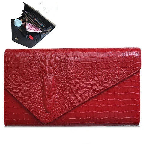 Red crocodile texture leather wallet clutch with multiple card slots and compartments