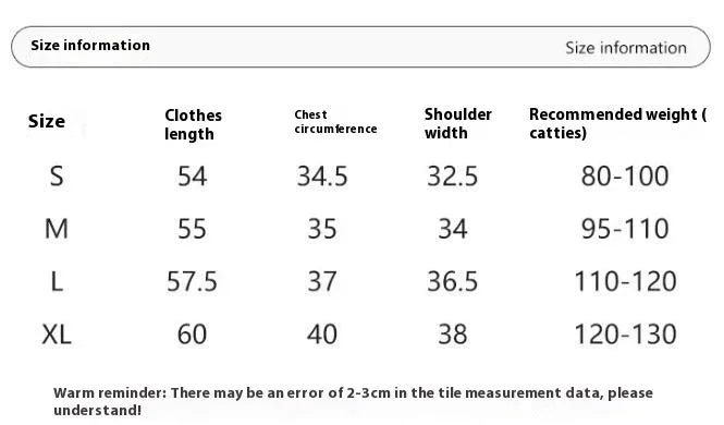 Clothing size chart showing clothes length, chest circumference, shoulder width, and recommended weight for sizes S to XL