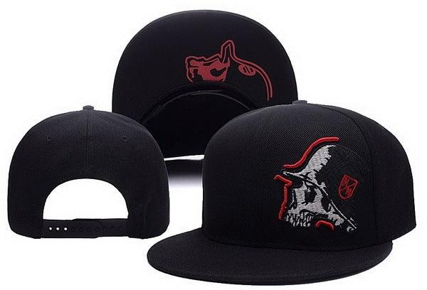 Black snapback cap with embroidered skull wearing a helmet in red and white design