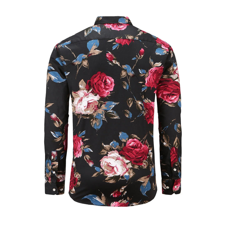 Black long-sleeve shirt with red, white, and blue floral print, back view