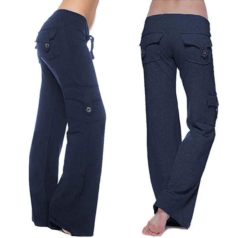 Women wearing navy blue cargo lounge pants with buttoned pockets, showing front and back views