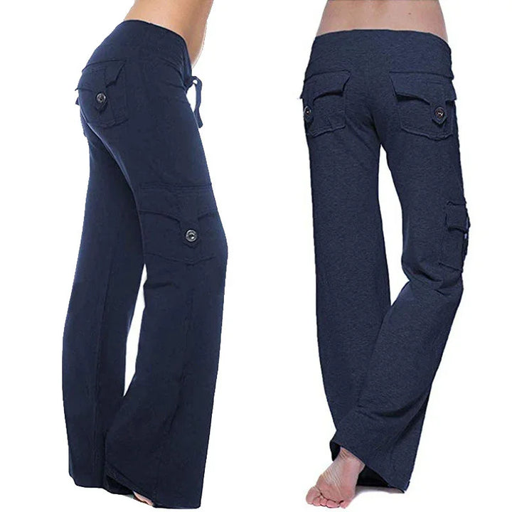 Women wearing navy blue cargo lounge pants with buttoned pockets, showing front and back views