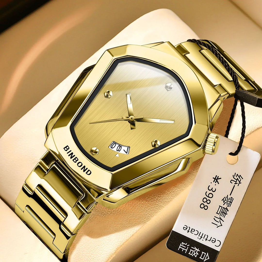 Gold-toned BINBOND wristwatch with unique angular case, metal bracelet, date display, and black tag