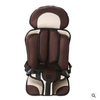 Brown and beige padded child car seat with safety harness straps on white background