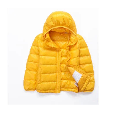 Bright yellow hooded puffer jacket with zipper, lightweight and quilted design