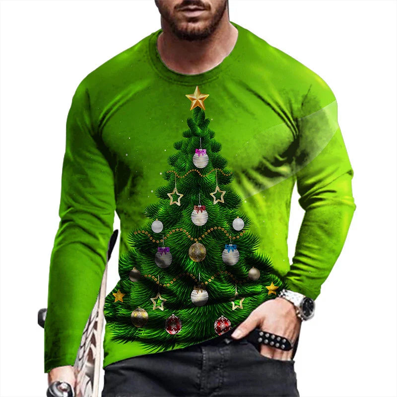 Man wearing green long sleeve shirt with decorated Christmas tree graphic featuring stars and baubles