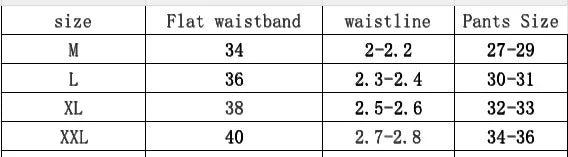 Size chart displaying flat waistband, waistline, and pants size for M to XXL clothing sizes