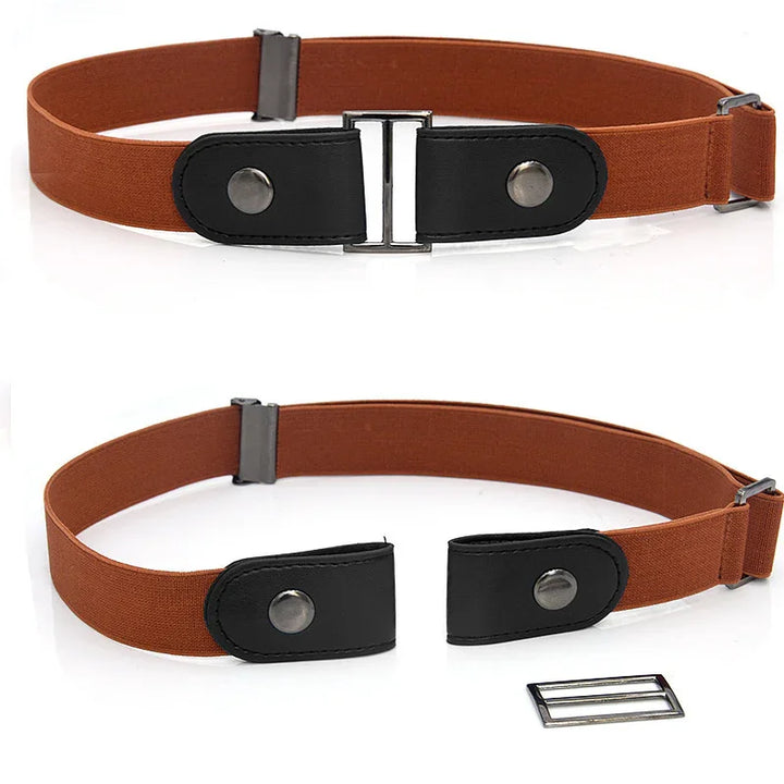 Brown adjustable elastic belt with black leather ends and metal snap buttons on white background