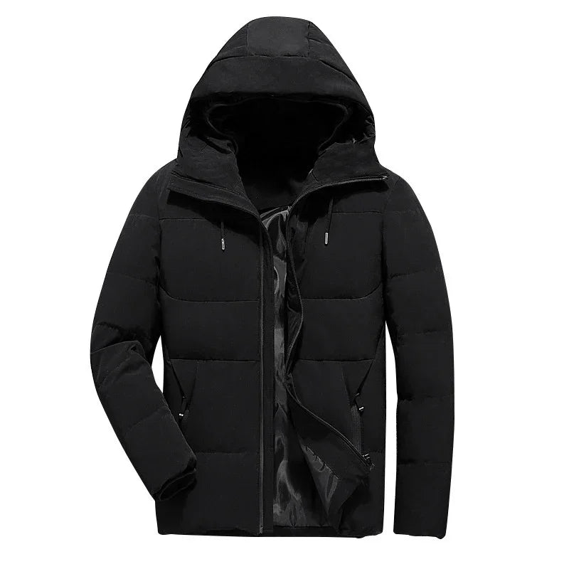 Black men's puffer jacket with hood, zipper front, and side pockets for winter wear