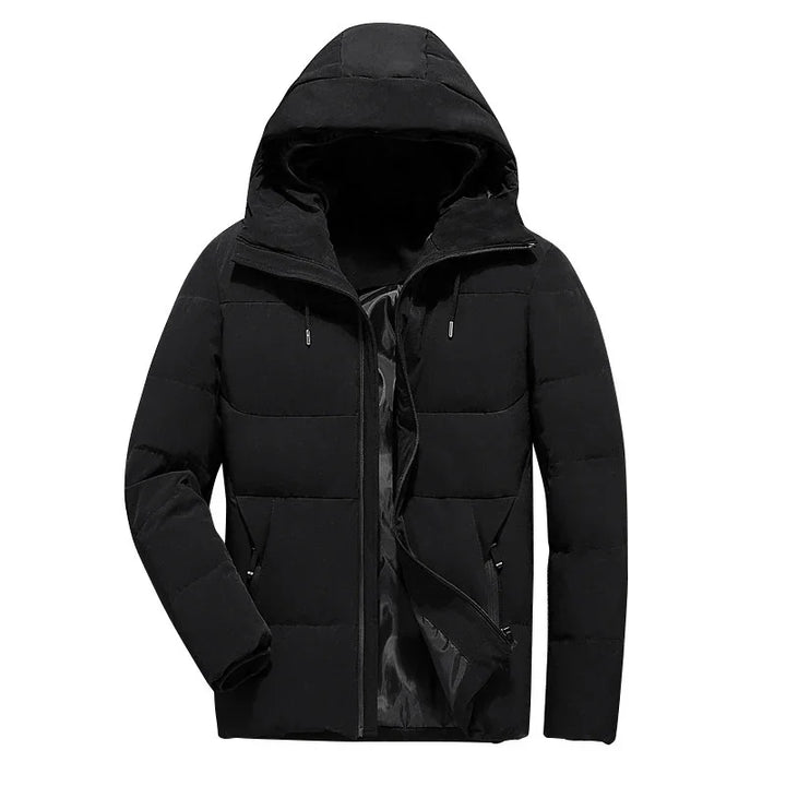 Black men's puffer jacket with hood, zipper front, and side pockets for winter wear