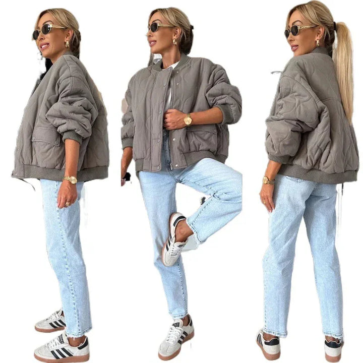 Woman modeling gray quilted bomber jacket with light blue jeans and white Adidas sneakers in three poses