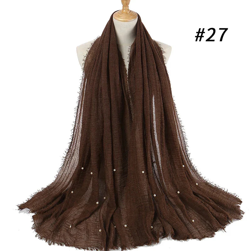Brown lightweight scarf with small pearl beads displayed on a mannequin, labeled #27