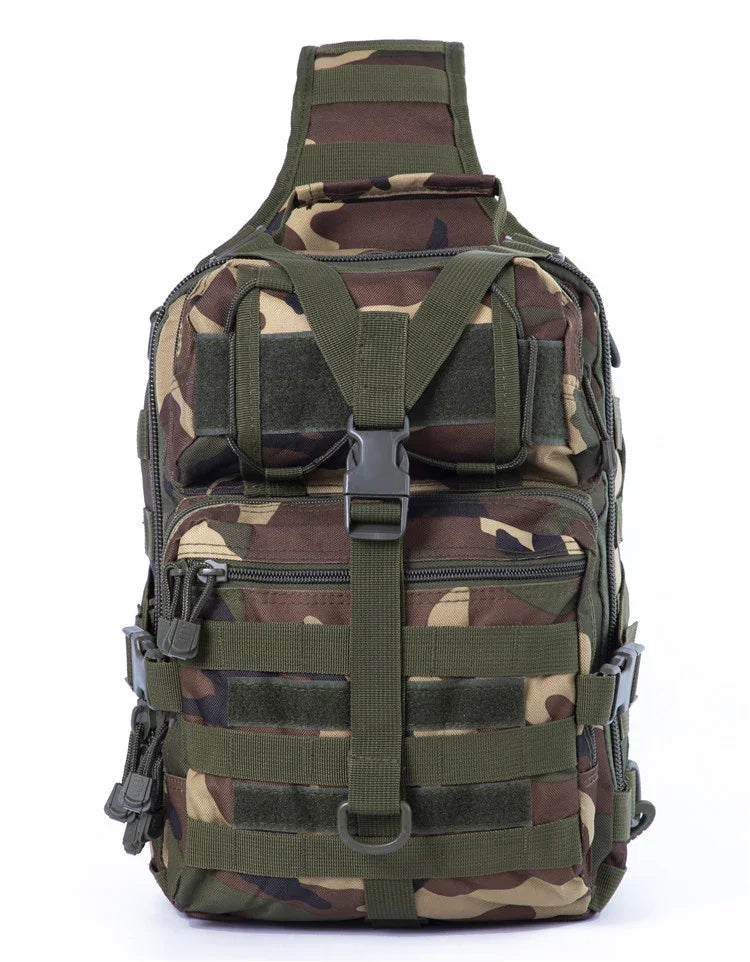 Compact camouflage tactical backpack with multiple zippered compartments and adjustable straps