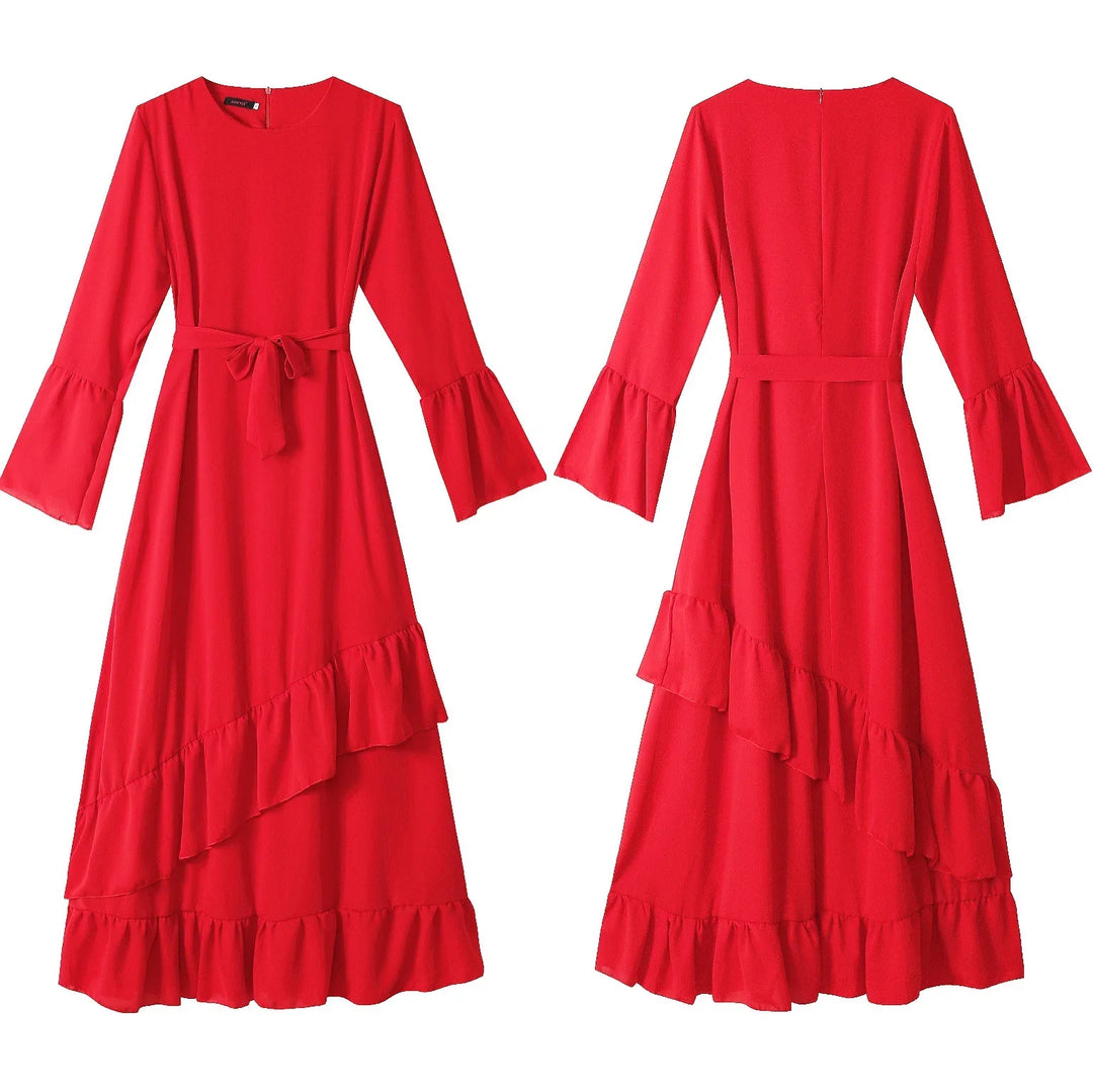 Red long sleeve ruffle midi dress with waist tie belt, shown front and back views