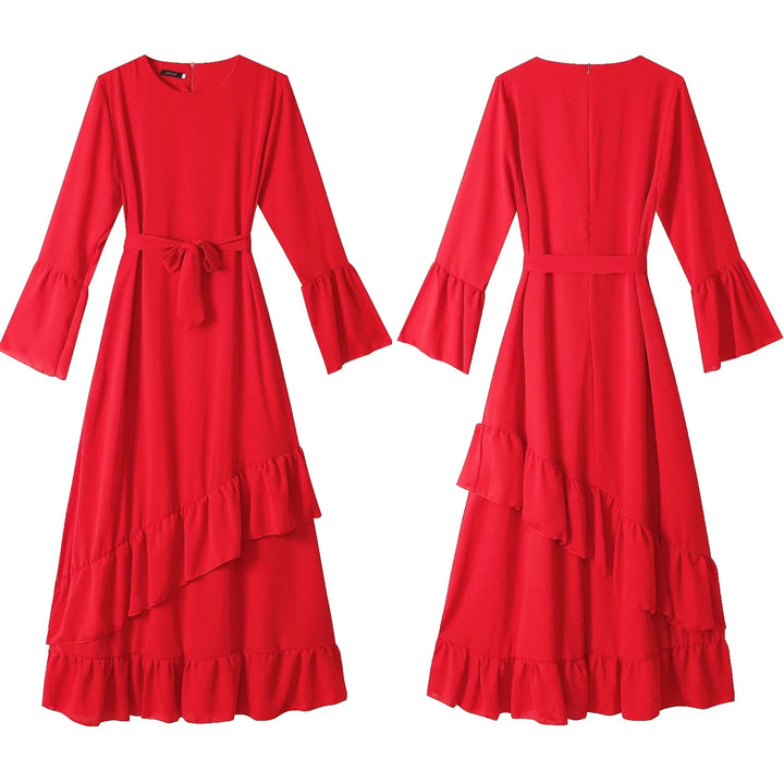 Red long sleeve ruffle midi dress with waist tie belt, shown front and back views