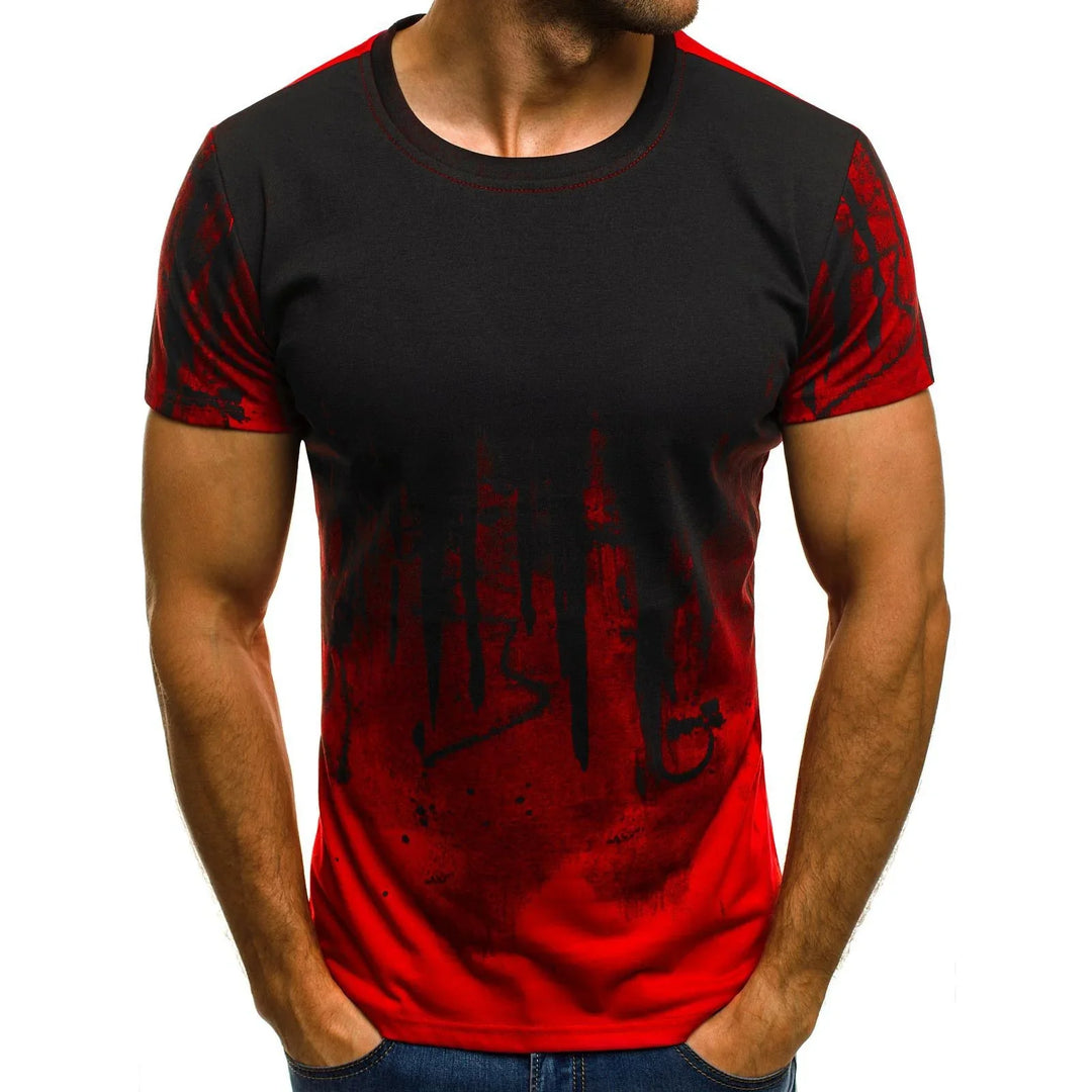 Men's black and red graphic print short sleeve t-shirt with a round neck