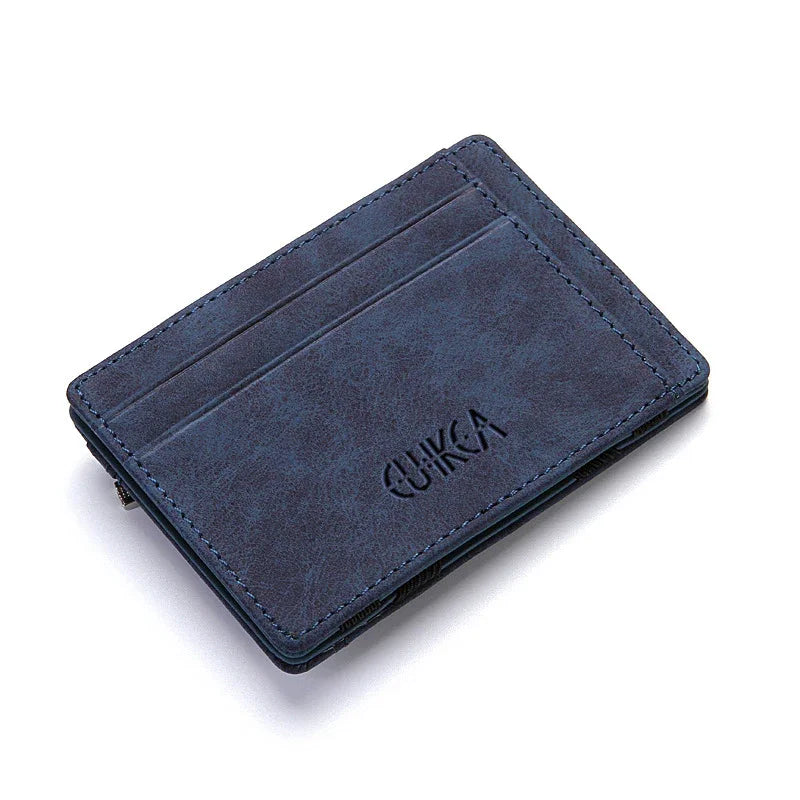 Blue leather minimalist card holder wallet with embossed QUIRKA logo and multiple card slots