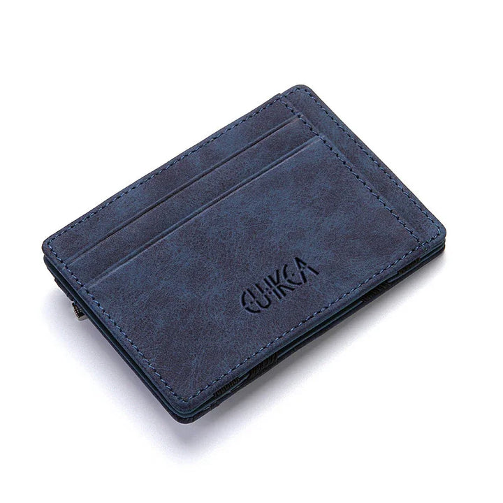 Blue leather minimalist card holder wallet with embossed QUIRKA logo and multiple card slots