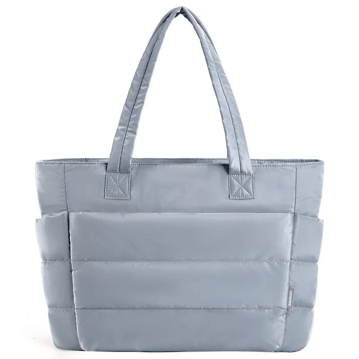 Light gray padded tote bag with double handles and side pockets