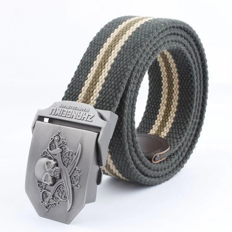 Gray woven fabric belt with beige stripes and metal skull and crossed swords buckle